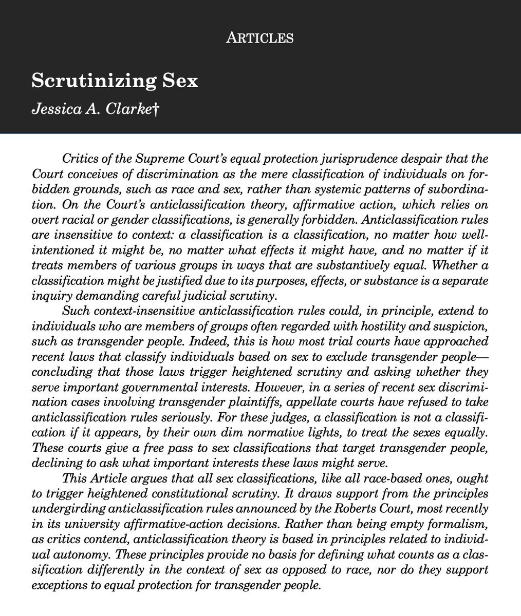 UChicago Law Review (@uchilrev) on Twitter photo In her Article, <a href="/clarkeja/">Jessica Clarke</a> draws support from the principles undergirding anticlassification rules announced by the Roberts Court to argue that all sex classifications, like all race-based ones, ought to trigger heightened constitutional scrutiny. In her Article, <a href="/clarkeja/">Jessica Clarke</a> draws support from the principles undergirding anticlassification rules announced by the Roberts Court to argue that all sex classifications, like all race-based ones, ought to trigger heightened constitutional scrutiny.