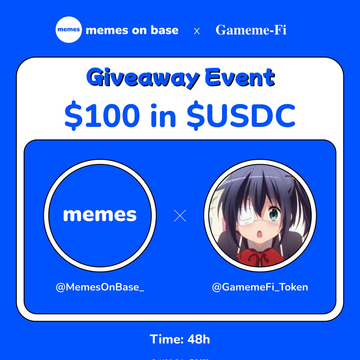 🔊GIVEAWAY EVENT 🤝   
   
🎁 Prize pool for 5 winners   
$100 in $USDC
   
✔️ To Enter:   
1️⃣ Follow <a href="/MemesOnBase_/">Memes on Base</a> x <a href="/GamemeFi_Token/">Gameme-Fi</a>
2️⃣ ❤️ and Repost   
3️⃣ Tag 3 friends     
   
⏰ 48h

Here’s to celebrate $GMMF ATH 🚀

#Base #giveaway #airdrop
