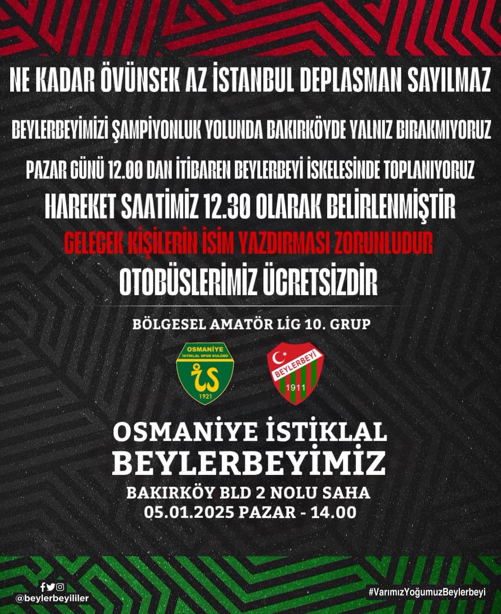 🇮🇹
⚽️  Bölgesel Amatör Lig 10. Grup
🆚 @istiklalspor1921 
🗓️ 05.01.2025 Pazar
⏰ 14.00
🏟️ Bakırköy Belediyesi 2 nolu saha
📲 #VarımızYoğumuzBeylerbeyi
#Beylerbeyililer
#SemtAşkı

@Beylerbeyispork | #SenŞampiyonOlacaksın