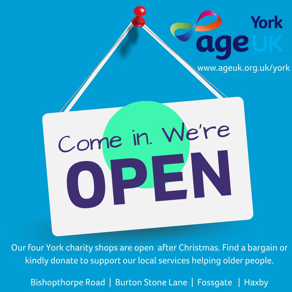 Our York charity shops are open today for the first time in this new year. 

Do you know we run four shops and that every penny raised from a sale and every donation kindly given directly supports our independent charity’s local work here in York? 

ageuk.org.uk/york/shops/