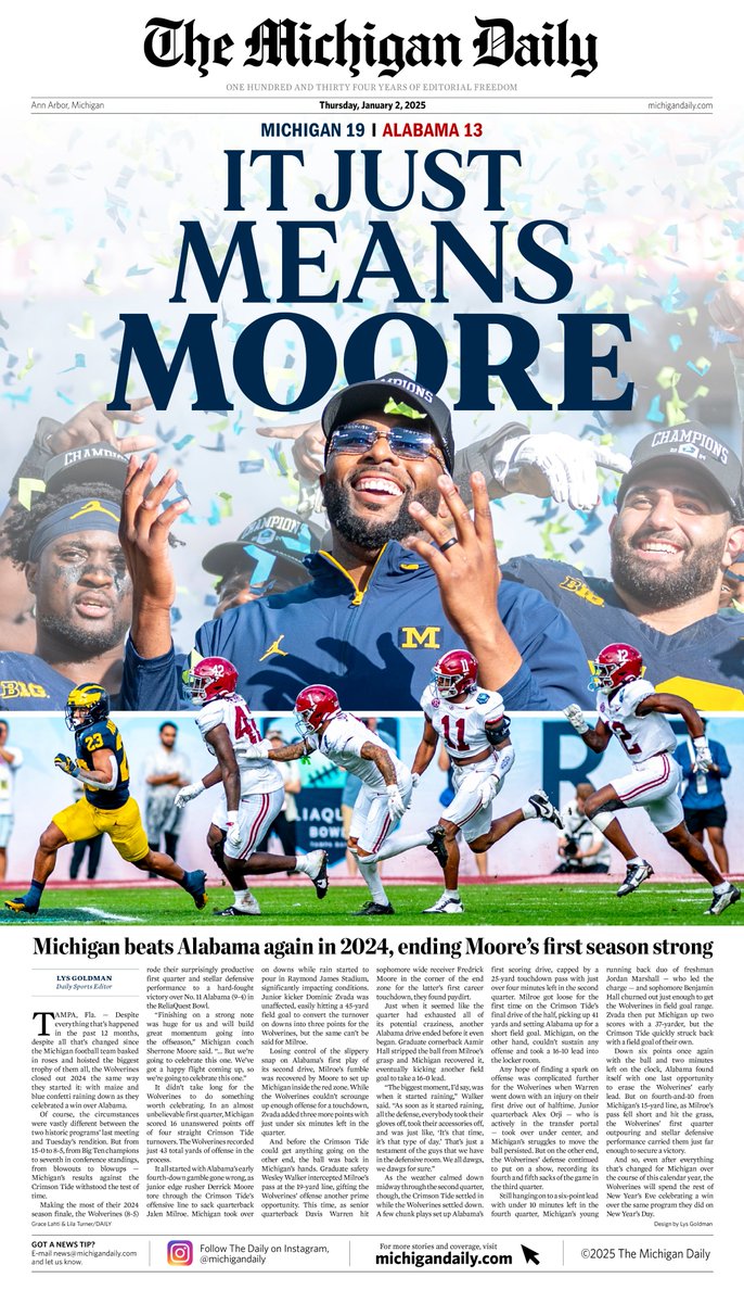 theblockm's tweet image. After a season of struggles, @UMichFootball successfully finished strong, defeating @AlabamaFTBL for the second time in one year. 

This week’s #SportsThursday digital front cover: It Just Means Moore.
