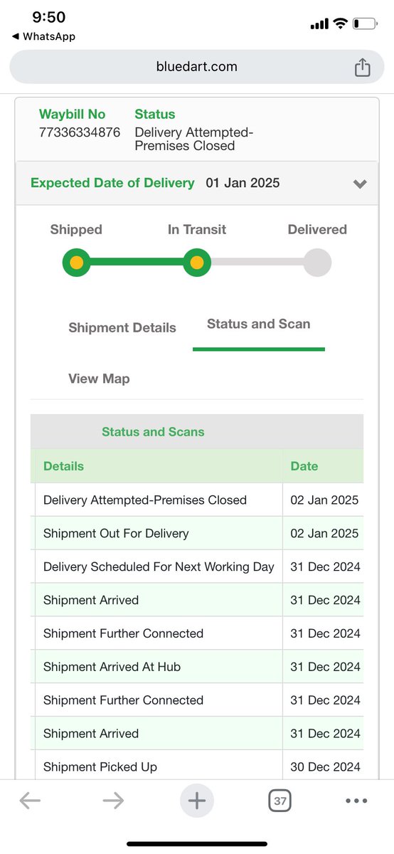 Naresh____Kumar's tweet image. Hey @BlueDart_ @BlueDartCares 
What is the problem to deliver the product ?
Product is at your hub (500 meter away from my location) since 31 dec.
Now giving fake updates on website 
When you have attempted and who contacted me ?
Product cost is INR 1399 and you should refund 😡