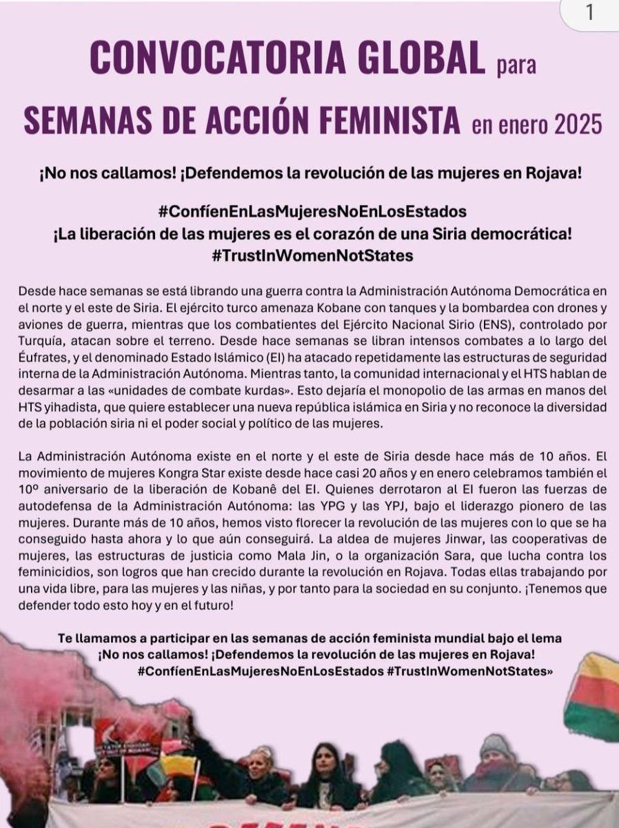 AzadiPlataforma's tweet image. Treballen per a una vida lliure per a les dones i les nenes i per a la societat
Avui hem de defensar-ho‼️
🗣 Cridem a participar a les setmanes d'acció feminista mundial:
¡No ens callem! ¡Defensem la revolució de les dones a Rojava!
#TrustInWomenNotStates
#WomenDefendRojava