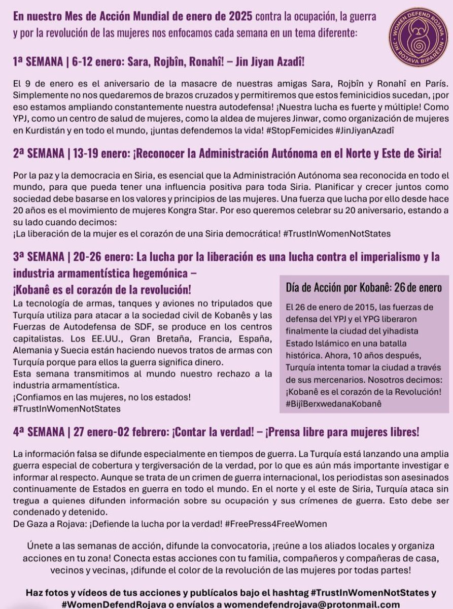 AzadiPlataforma's tweet image. Treballen per a una vida lliure per a les dones i les nenes i per a la societat
Avui hem de defensar-ho‼️
🗣 Cridem a participar a les setmanes d'acció feminista mundial:
¡No ens callem! ¡Defensem la revolució de les dones a Rojava!
#TrustInWomenNotStates
#WomenDefendRojava