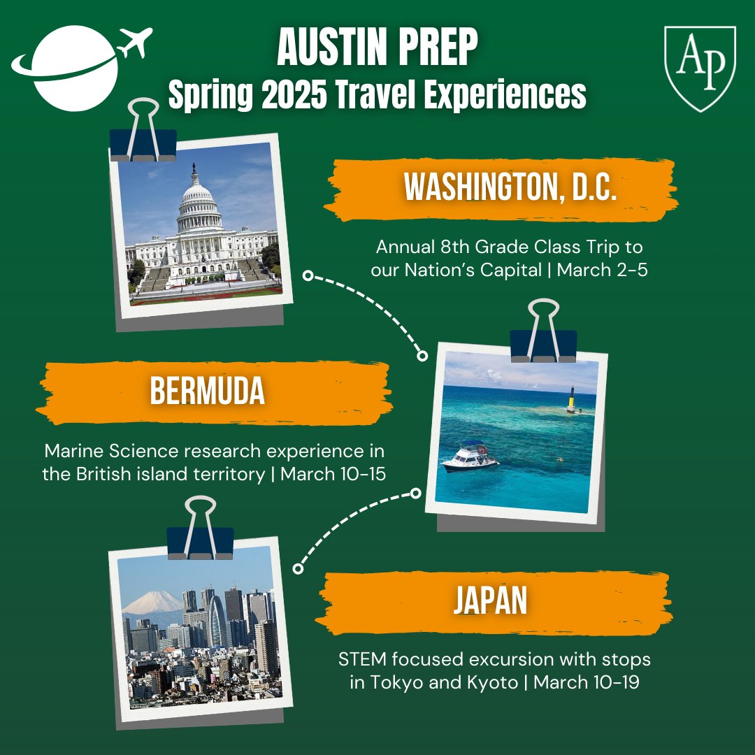 Austin Prep (@austinprep) on Twitter photo Student travel opportunities are approaching! This March, Austin Prep students will be heading to Washington, D.C., Bermuda and Japan! Mr. McLaughlin, Head of <a href="/AP_MiddleSchool/">Austin Prep Middle School</a>, outlines considerations to be made while crafting student travel opportunities: bit.ly/41X3KJa Student travel opportunities are approaching! This March, Austin Prep students will be heading to Washington, D.C., Bermuda and Japan! Mr. McLaughlin, Head of <a href="/AP_MiddleSchool/">Austin Prep Middle School</a>, outlines considerations to be made while crafting student travel opportunities: bit.ly/41X3KJa