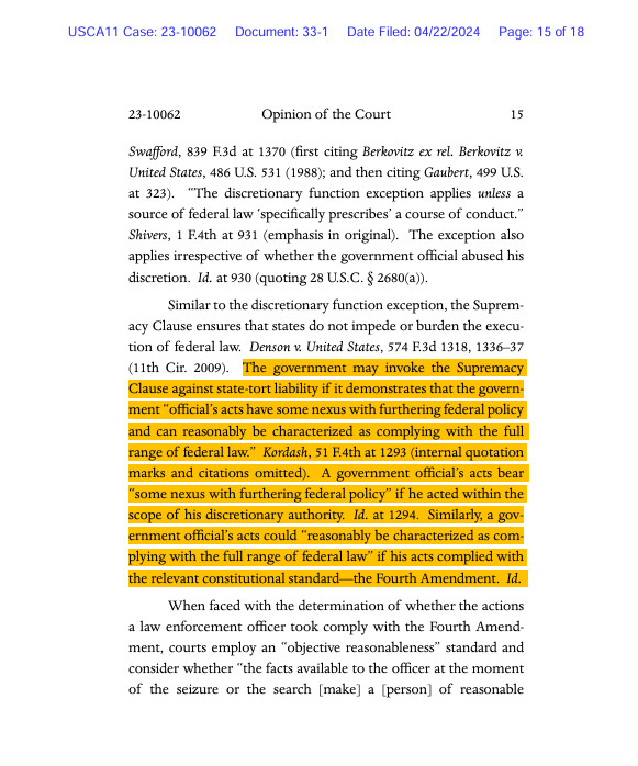 pjaicomo's tweet image. If you think I'm being hyperbolic about the kooky 11th Cir. rule that says its unconstitutional for Congress to waive #SovereignImmunity for *most* actions of federal employees, you can real the full opinion below.   

Here are some relevant snippets: 
3/4
cases.justia.com/federal/appell…