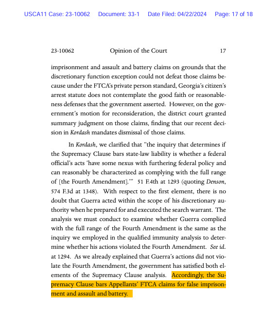 pjaicomo's tweet image. If you think I'm being hyperbolic about the kooky 11th Cir. rule that says its unconstitutional for Congress to waive #SovereignImmunity for *most* actions of federal employees, you can real the full opinion below.   

Here are some relevant snippets: 
3/4
cases.justia.com/federal/appell…