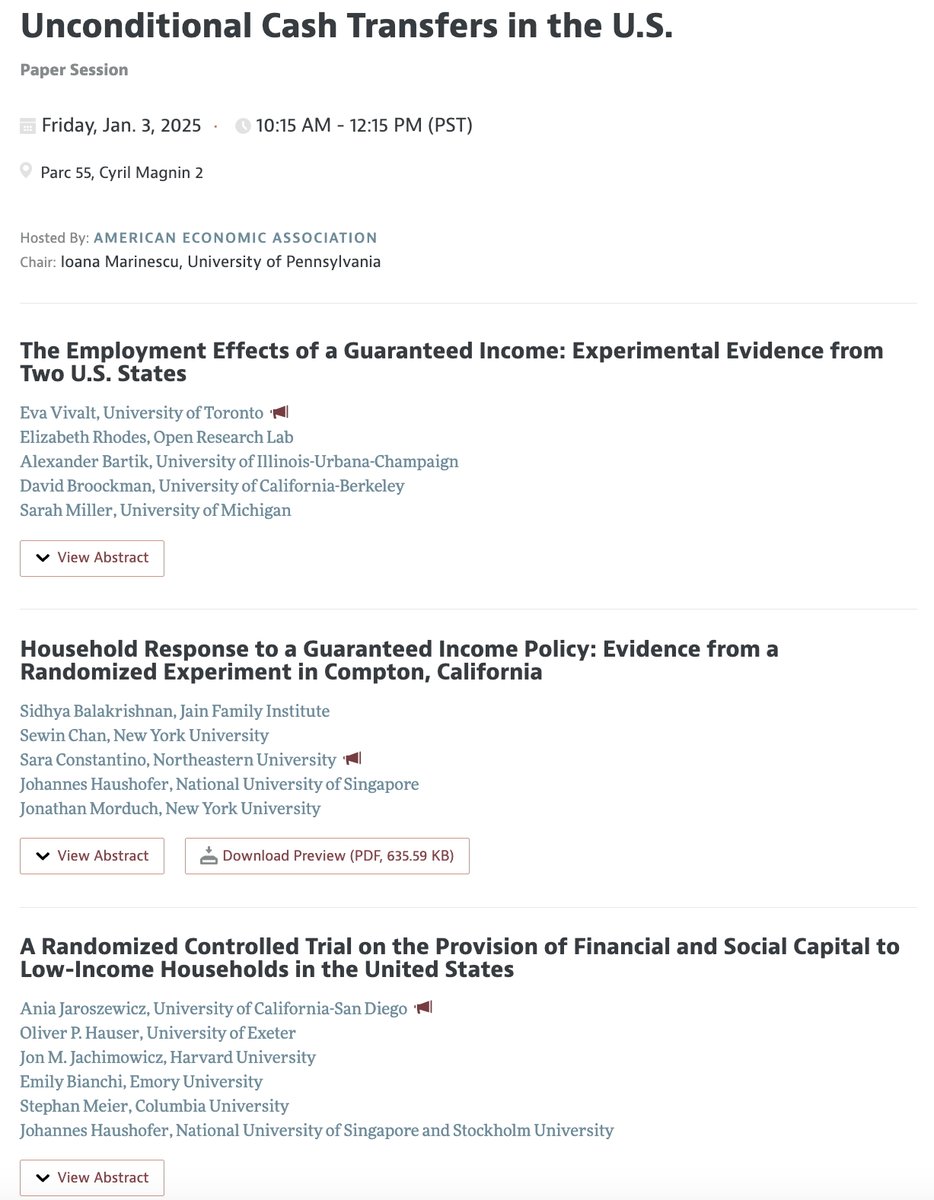 evavivalt's tweet photo. Excited for this session tomorrow at ASSA! 10:15 am - 12:15 pm.

I'll be presenting some new results, including with administrative data from Unemployment Insurance records, for the OpenResearch Unconditional income Study (ORUS). 1/2 https://t.co/KcSi0niAcE