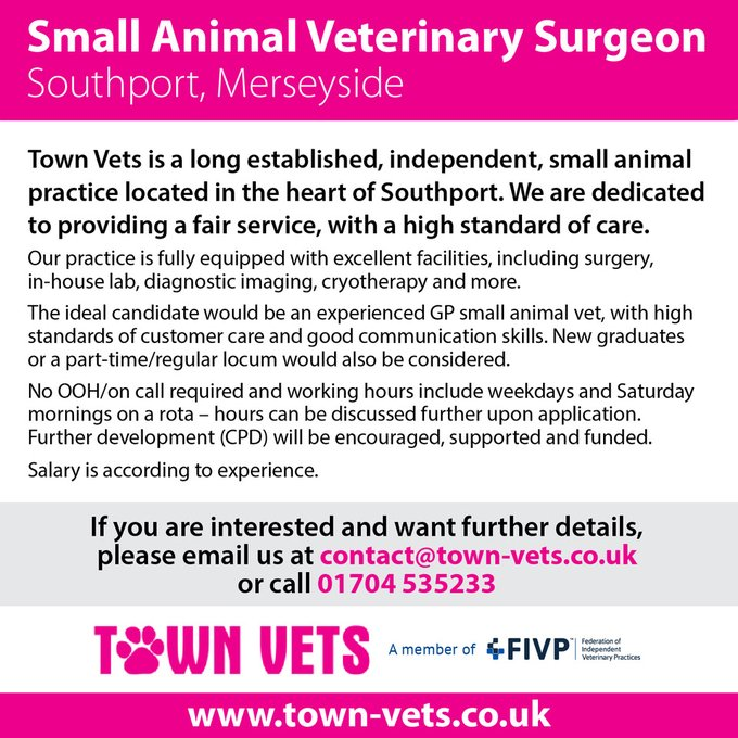 IVPCareers's tweet photo. Join a small and friendly team at a well-established veterinary practice in Southport, Merseyside with excellent facilities.  Full/part/flexi-time considered.  See the job description: https://t.co/qcOeM8VCT5………………… #independentpractice #veterinarycareers https://t.co/m9UKL4kRbO