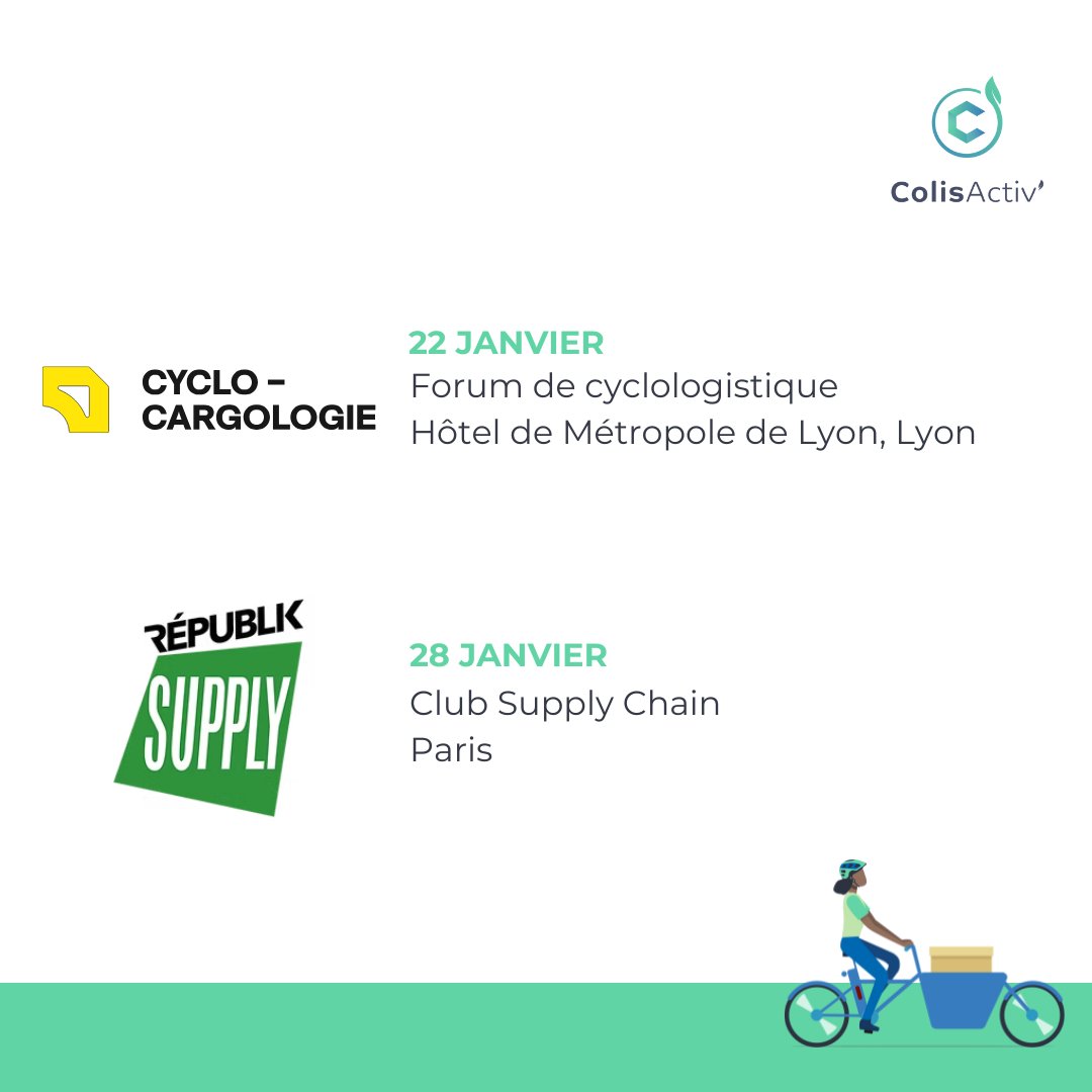 C'est reparti ! 🚲Après un repos bien mérité, l’équipe #ColisActiv’ est fin prête pour participer à de nouveaux événements en lien avec la cyclo. Rendez-vous à Lyon, le 22 janvier au Forum de la #cyclologistique et à Paris, le 28 janvier, pour le Club Supply Chain.