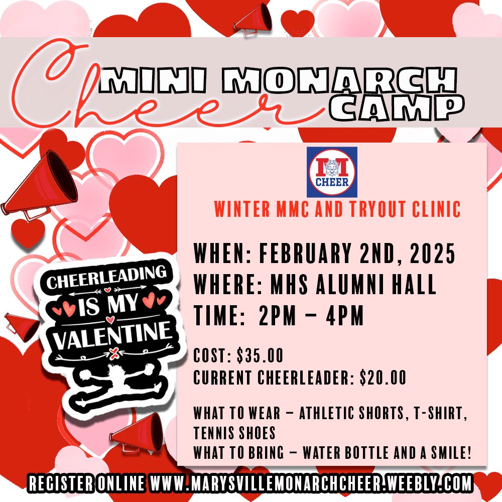 Winter Mini Monarch Camp &amp; Tryout Clinic ❤️💙🦁MMC: Grades K-5 - work on cheer skills &amp; learn material to perform at a home 🏀game! Tryout Clinic: Grades 6-8 - work on skills for tryouts &amp;  MHS cheerleaders will share tips with them for having their best tryout possible!