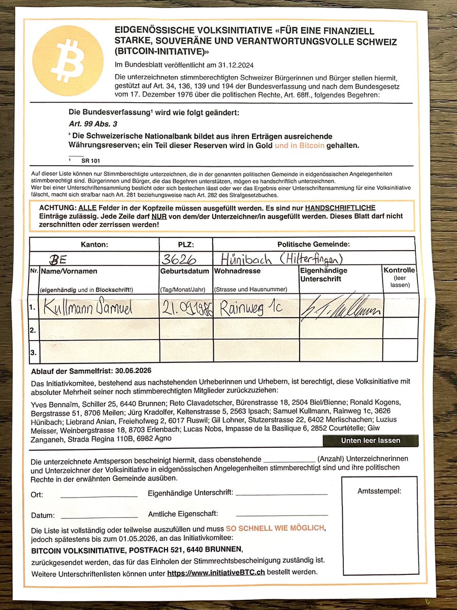 Ballot #printergobrrrr
Collect signatures now to amend the #constitution of #Switzerland:
“The <a href="/SNB_BNS/">Swiss National Bank</a> shall create sufficient currency reserves from its revenues; part of these reserves shall be held in #gold and in #Bitcoin.” Article 99,3
initiativebtc.ch /