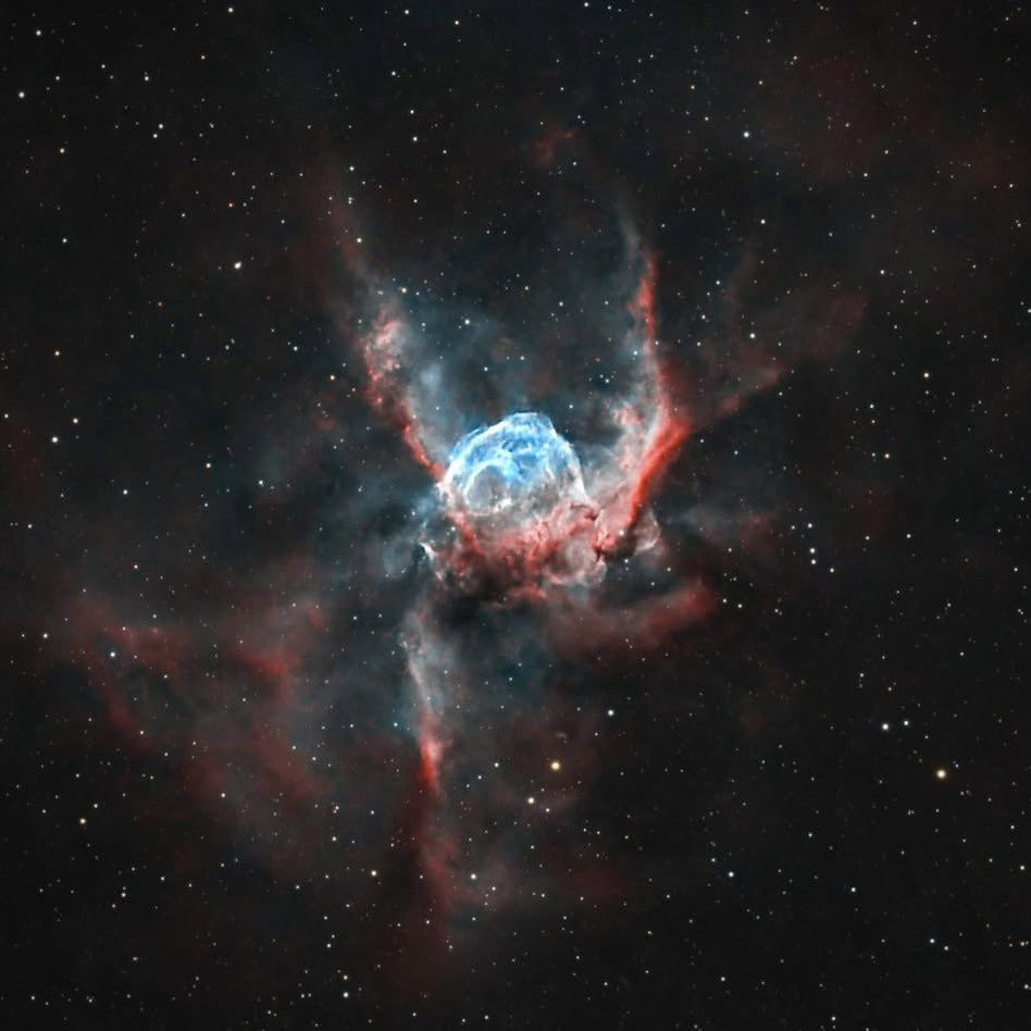 Thor’s Helmet (NGC 2359), is an emission nebula located about 12,000 light-years away in the constellation Canis Major. Its distinctive shape is created by intense stellar winds from a Wolf-Rayet star. 

Captured with the RASA 8 &amp; <a href="/zwoastro/">ZWO</a> ASI533MM #astrophotography #NGC2359