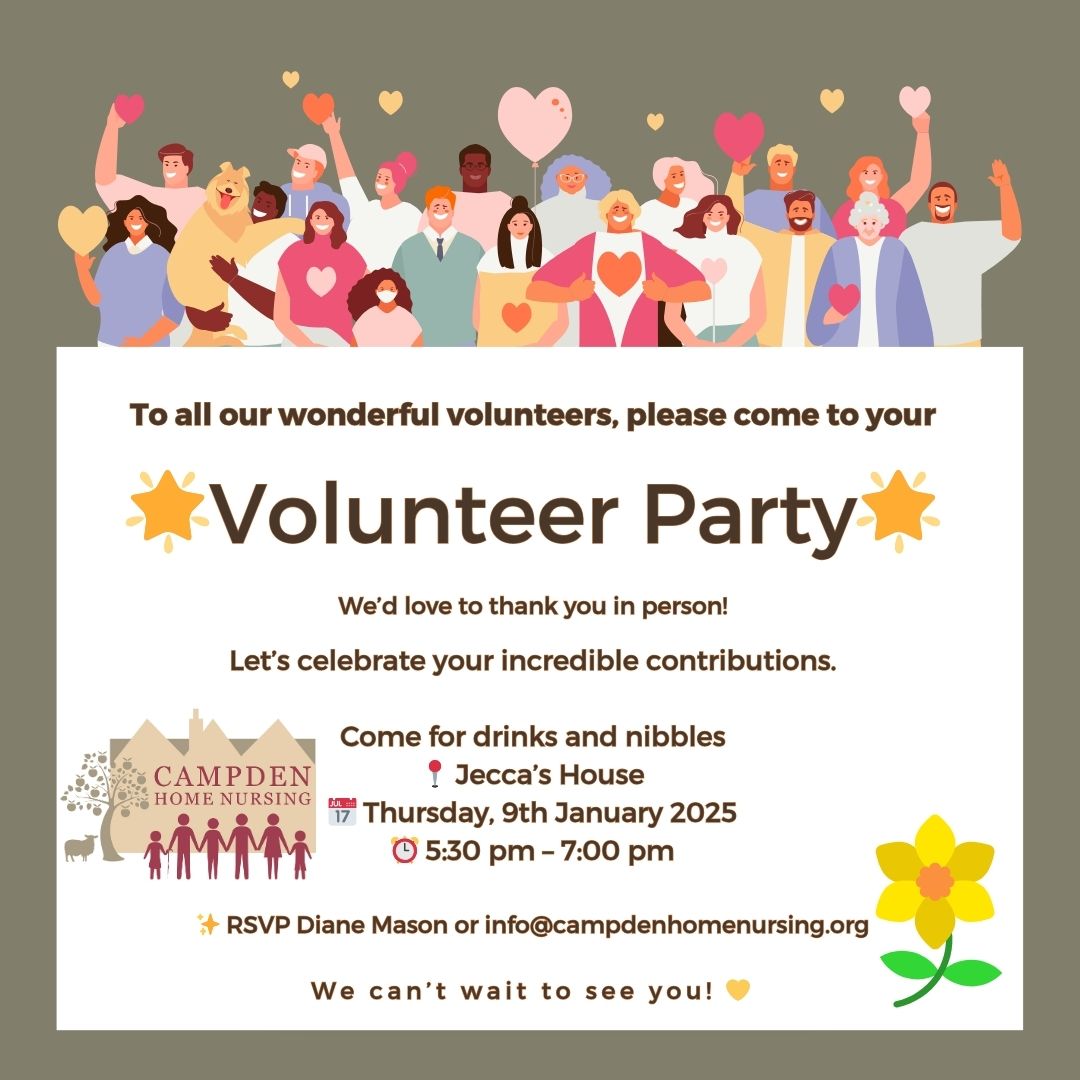 Campden Home Nursing 💙 (@chnursing) on Twitter photo ✨ To our amazing volunteers join us for your Volunteer Party at Jecca’s House on 9th Jan 2025, 5:30–7 pm. Drinks, nibbles, & celebration await! 🌟
👉 RSVP: Diane Mason (01386 840 505) or info@campdenhomenursing.org
New volunteers welcome too!
#Volunteers #ChippingCampden ✨ To our amazing volunteers join us for your Volunteer Party at Jecca’s House on 9th Jan 2025, 5:30–7 pm. Drinks, nibbles, & celebration await! 🌟
👉 RSVP: Diane Mason (01386 840 505) or info@campdenhomenursing.org
New volunteers welcome too!
#Volunteers #ChippingCampden