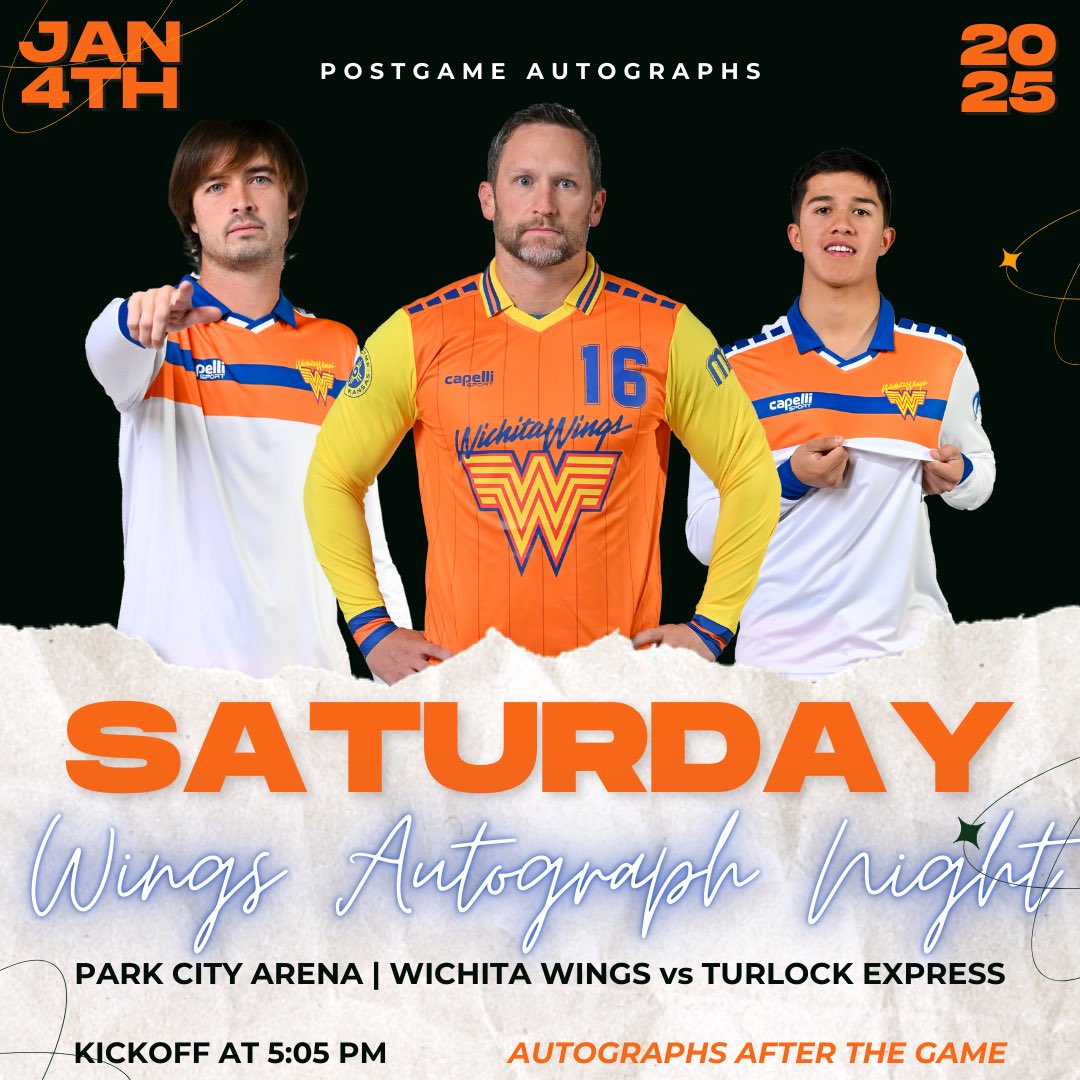 Join Us Saturday Night For Autographs! 🧡✍️

🗓️ Saturday, January 4, 2025
📍 Park City Arena
🕔 5:05 PM 
🆚 Turlock Express (Turlock, CA)
📸 Photography By: PG Photography
🎥 Media By: Adler Grey Creative

#wichitawings #wichitasoccer #indoorsoccer #masl #orangearmy