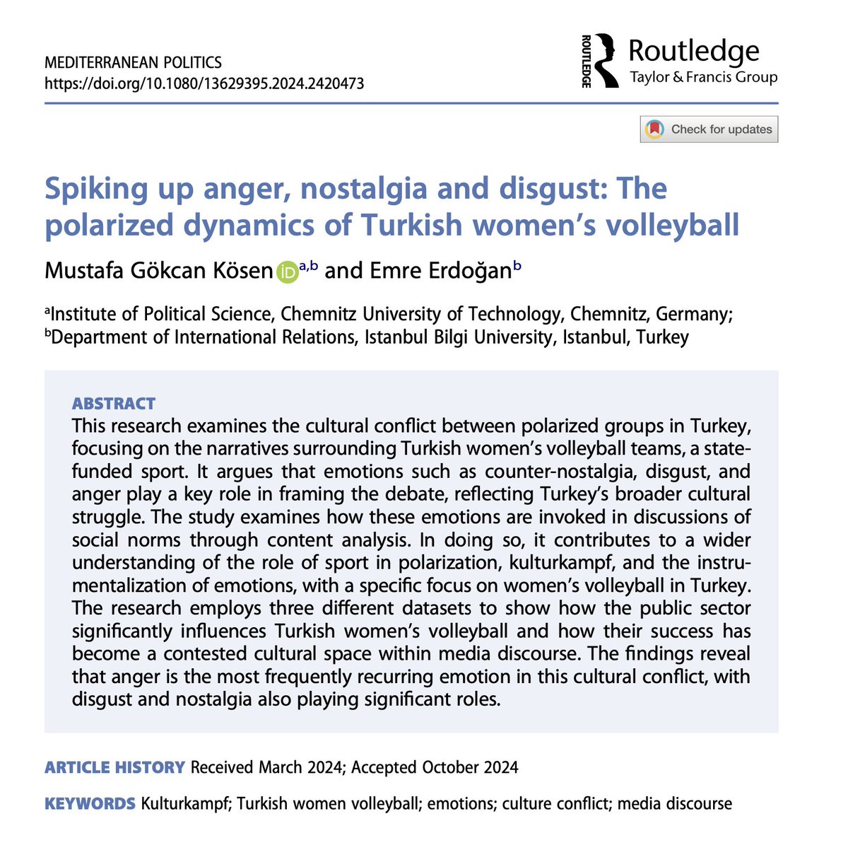 🏐I am very pleased to share our latest article with <a href="/urbanhobbit/">Emre Erdoğan</a> about the Turkish women’s volleyball teams (<a href="/sultanlarlig/">Vodafone Sultanlar Ligi</a>) /1

tandfonline.com/doi/full/10.10…