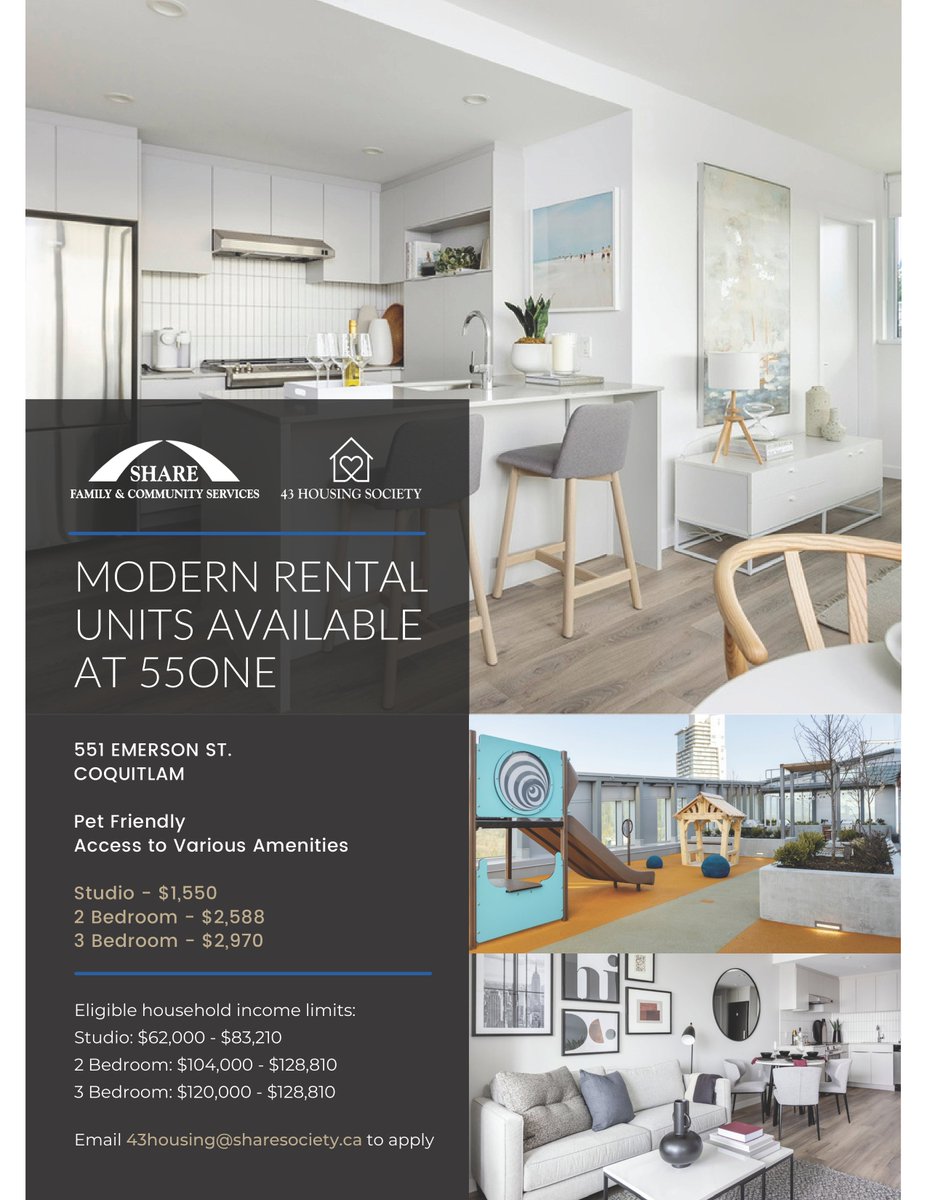 Looking for affordable, pet-friendly, and transit-accessible housing* in Coquitlam? 
Look no further; call 604-540-9161 ext 588 for inquiries about our low-end market units offered by 43Housing Society
*Income limits apply for interested families