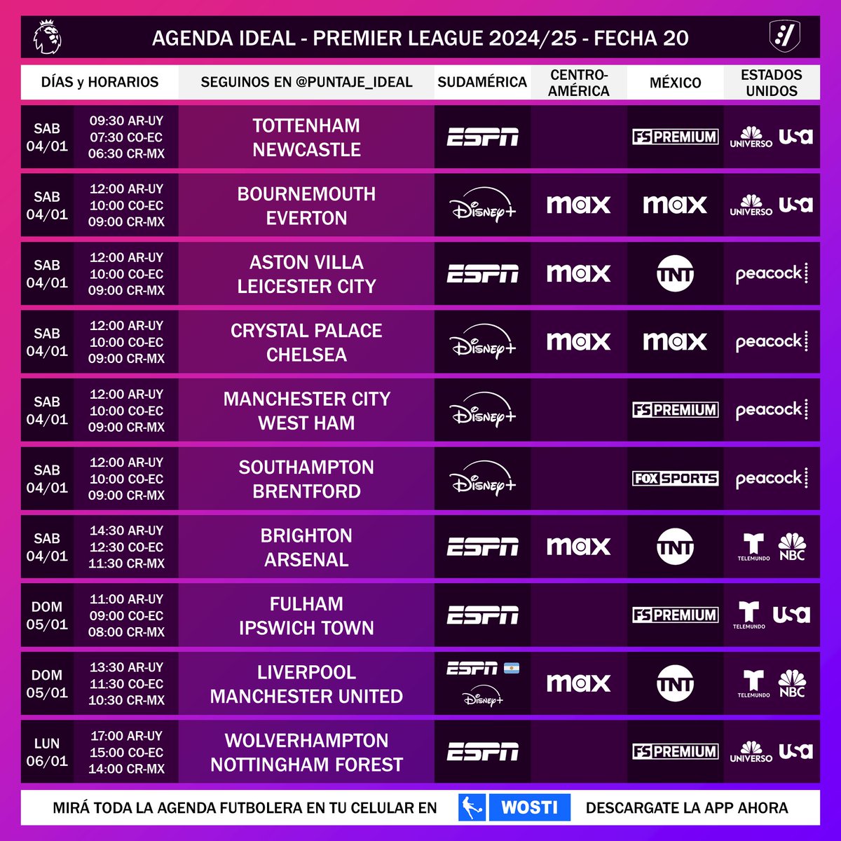 Puntaje_Ideal's tweet photo. ⚽ #AgendaIdeal 🏴󠁧󠁢󠁥󠁮󠁧󠁿 | Desde este sábado se jugará la fecha 20 de la #PremierLeague de Inglaterra

📌 Mirá la agenda futbolera completa en la app de @futbolenlatv, disponible en Android (https://t.co/169ctXmGj5) y iOS (https://t.co/auMPUyRCqf)

⚠️ Sujeto a cambios. https://t.co/B0x3nbZvLX