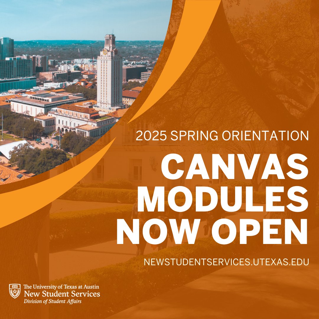 UTorientation's tweet image. If you are registered for Spring Orientation, it is time to complete your Canvas Modules before the start of your orientation on Jan. 6! More information on how to access the Canvas Modules can be found on the email you received on Monday, December 30. newstudentservices.utexas.edu/orientation/sp…