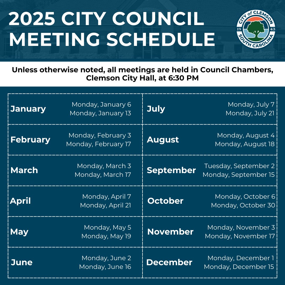 New Year, New Meetings! 🎆 Check out the 2025 Clemson City Council meeting schedule. 🗓️ Meetings are held at 6:30 PM in Council Chambers. We hope to #SeeYouHere! #CityCouncil