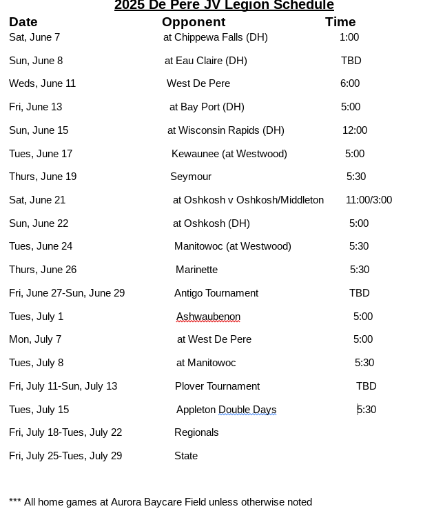 De Pere Junior Schedule