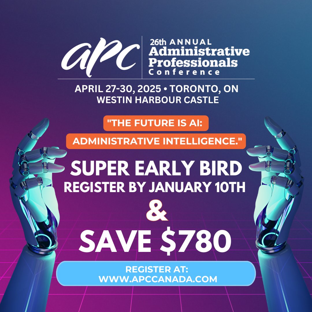 🎉 Registration is Open for APC 2025! 🎉
🟣 Register until January 10th to unlock Super Early Bird Savings and save $780!

Don’t wait—secure your spot today🔗 ow.ly/onQ350UyPCg

#APC2025 #TheFutureIsAI #AdministrativeIntelligence #SaveBig