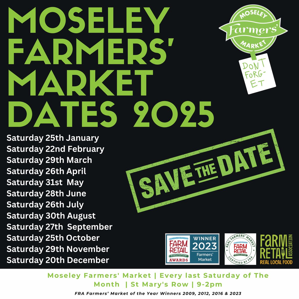 Diary Open for 2025 💚📆

📍 Location: St Mary’s Row, Moseley
🗓️ Date: Every last Saturday of the Month
⏰ Time: 9AM - 2PM

Please put these dates in your diary right now! ✍️😊

🍎🍍🥙🍔🍓🥑🌱🪻☕️🥯🧁🍫🎂🥔🍟🥤