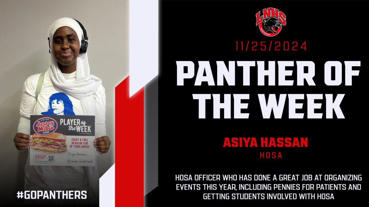 Lakeville North High School (@lnhs_panthers) on Twitter photo Playing a bit of holiday catch up on congratulating our <a href="/jerseymikes/">Jersey Mike's Subs</a> Panthers of the Week. Congratulations to Asiya Hassan for the week of 11/25! Asiya is a HOSA officer who's taken the lead in recruiting and organizing events like Pennies for Patients! #astudentabove Playing a bit of holiday catch up on congratulating our <a href="/jerseymikes/">Jersey Mike's Subs</a> Panthers of the Week. Congratulations to Asiya Hassan for the week of 11/25! Asiya is a HOSA officer who's taken the lead in recruiting and organizing events like Pennies for Patients! #astudentabove