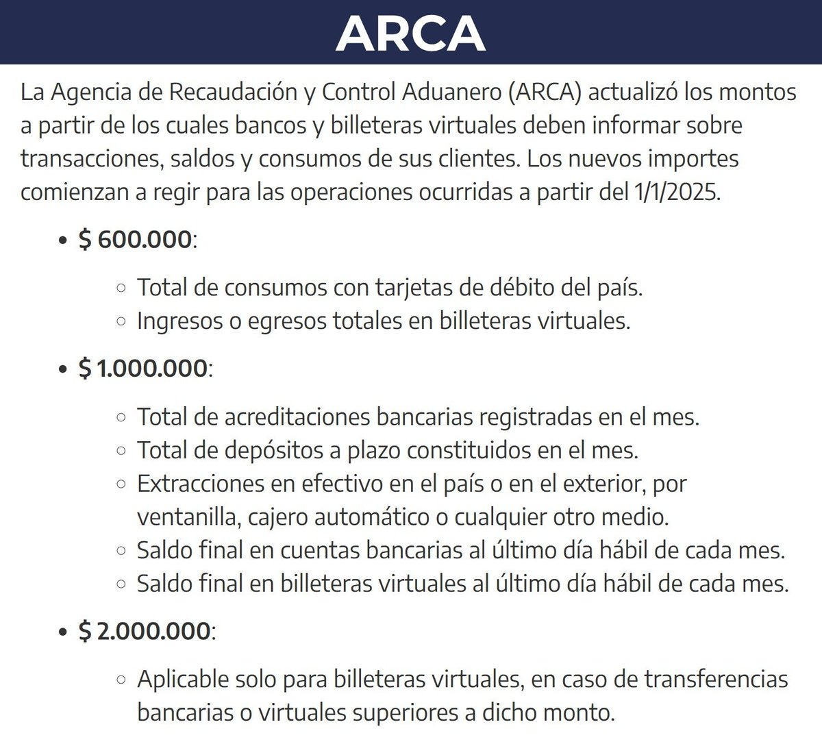 porquetendencia's tweet photo. "ARCA":
Porque actualizó los montos a partir de los cuales bancos y billeteras virtuales deben informar los movimientos de sus clientes https://t.co/DUMT0HHofe