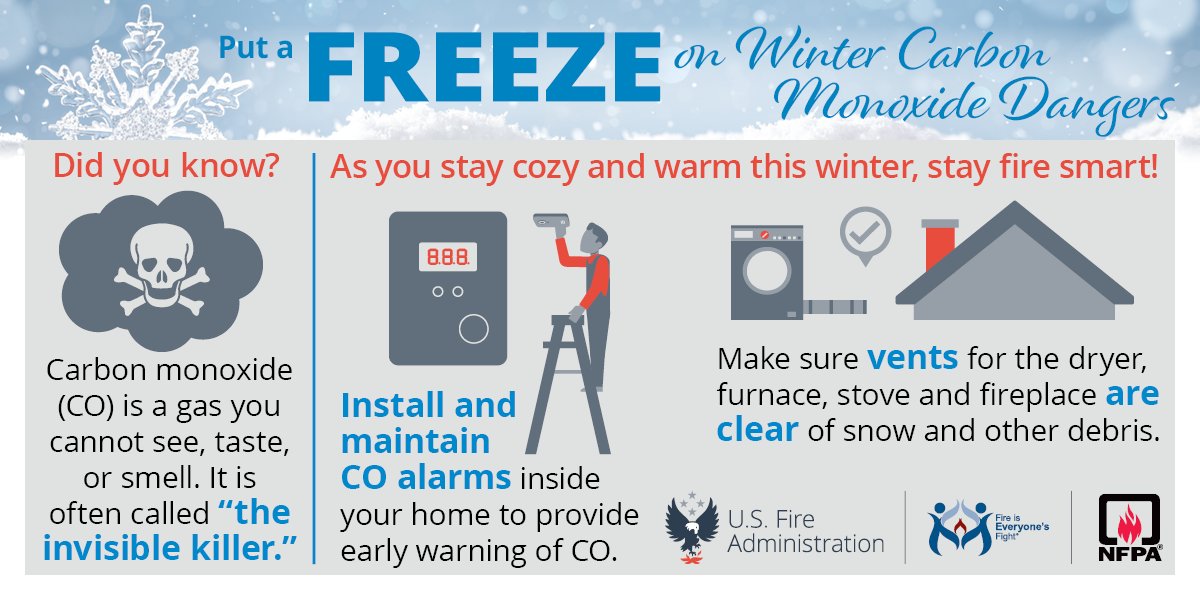As the cold weather sets in, please be sure to check your Carbon Monoxide alarms and clear all vents of snow and debris.  
See nfpa.org/winterfreeze for additional CO safety information.