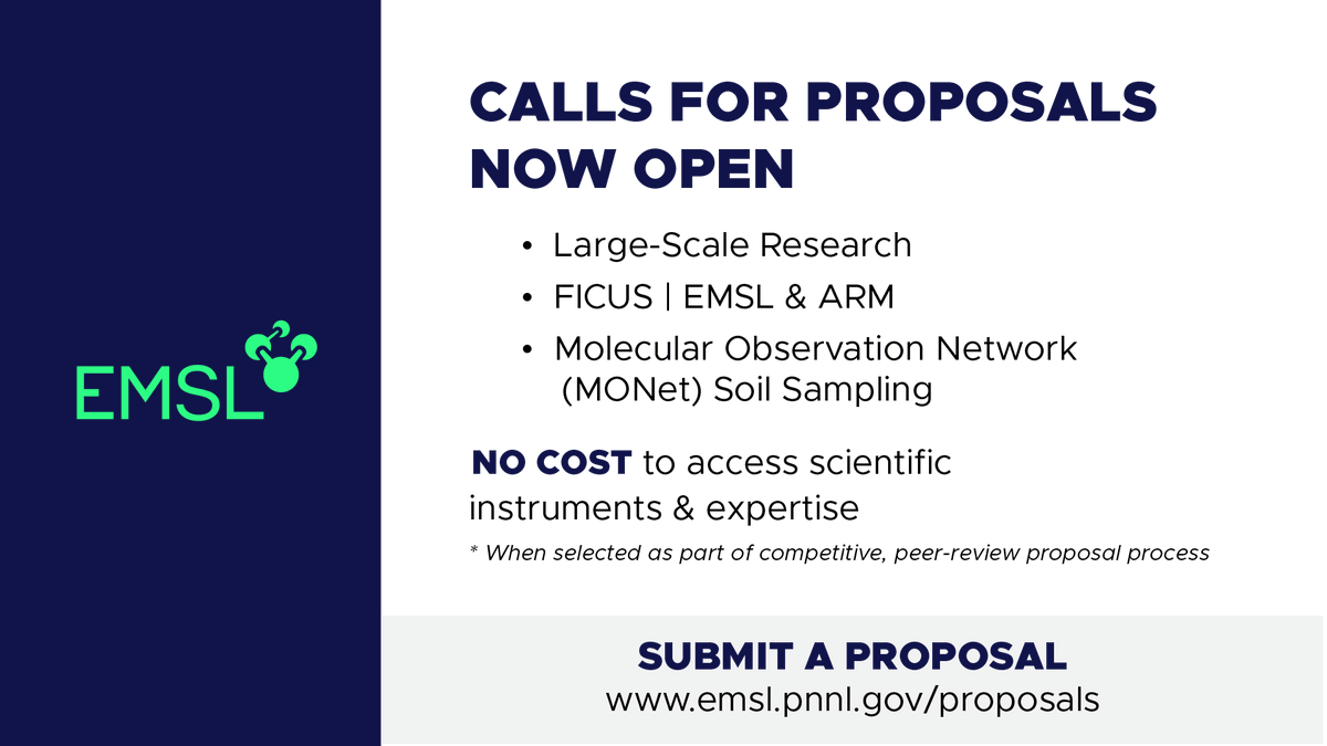 Environmental Molecular Sciences Laboratory (EMSL) (@emslscience) on Twitter photo Submit a letter of intent to one of <a href="/EMSLscience/">Environmental Molecular Sciences Laboratory (EMSL)</a>'s open calls for proposals: bit.ly/4gN2lJk
Open calls include Large-Scale Research, FICUS EMSL-ARM, and the Molecular Observation Network. Submit a letter of intent to one of <a href="/EMSLscience/">Environmental Molecular Sciences Laboratory (EMSL)</a>'s open calls for proposals: bit.ly/4gN2lJk
Open calls include Large-Scale Research, FICUS EMSL-ARM, and the Molecular Observation Network.