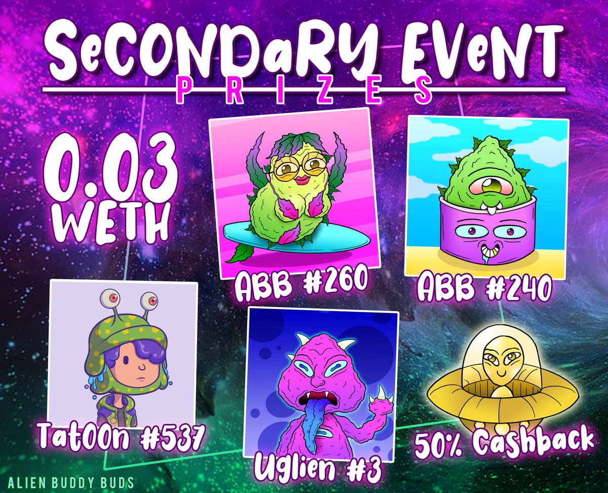 AlienBuddyBuds's tweet image. 🛸 ABBs Secondary Event 🛸
Purchase any of these 10 #AlienBuddyBuds listed on secondary market until 9th January 5:00 pm UTC 
🎫 1 purchase (fixed price 0.012weth) = 1 ticket

🎁 Get a chance to win amazing prizes
▪️ 0.03 WETH
▪️ ABB #260
▪️ ABB #240
▪️ @Tat00n #537
▪️ Uglien #3…