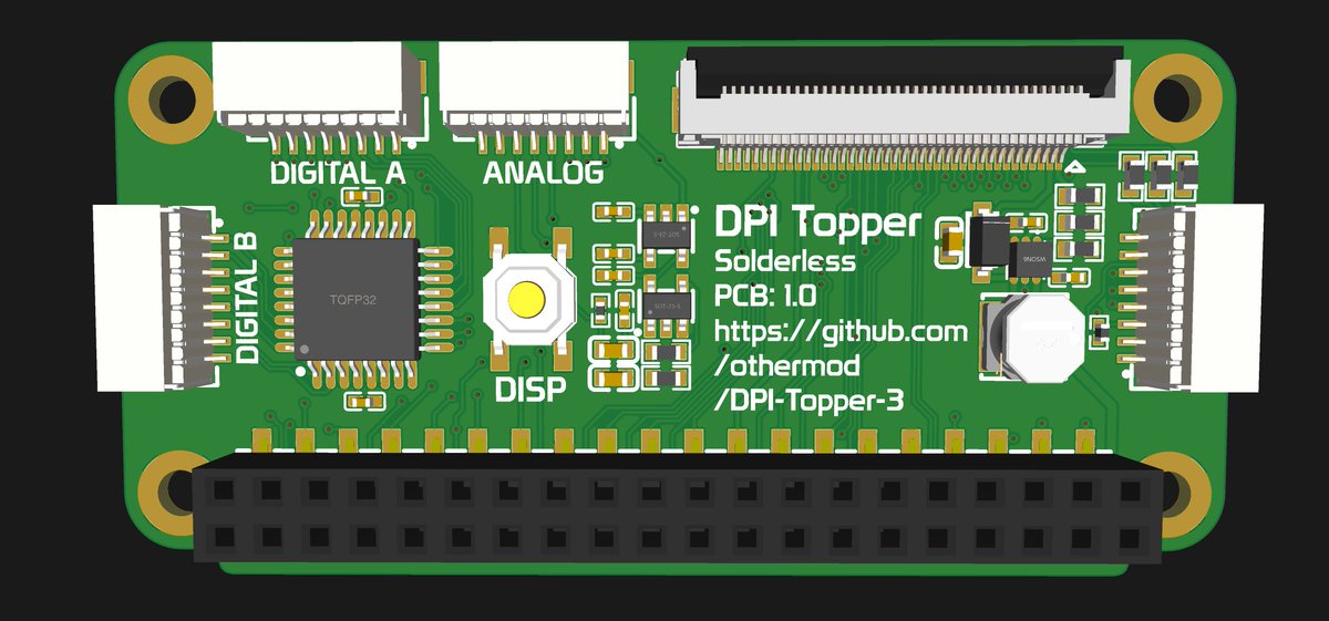 othermod's tweet photo. I made progress on the new Raspberry Pi DPI Topper board (for Pi 0, 3, 4, and 5). Looking for some feedback. 

The goal here is to make a single board that can be used for lots of projects. It has most of the PSPi features, except for battery charging and power handling.

This new board has: 
A 40 pin display connector
Capacitive touch screen compatibility
4 analog inputs (for joysticks or other analog input)
16 digital inputs (for buttons of whatever you prefer)
Adjustable brightness
Up to 3 GPIOs
Option of mono audio output

I was planning 24bit version with full color and a separate 21bit version that includes audio and 2 gpios. I think I've worked  out a way to make one board that the user can configure how they want by removing resistors.