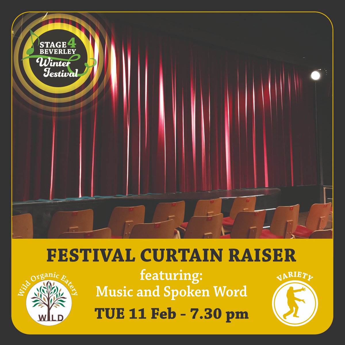 Join us on 11th February at WILD organic Eatery in Beverley for our Festival Curtain Raiser! We've got a fantastic evening of poetry and music in store, featuring Chris Sewart, Swing 42, Carrie Martin (<a href="/musicbyCarrieM/">Carrie Martin</a>) and the Nick Rooke Band.

Tickets:
stage4beverley.com/whats-on/festi…