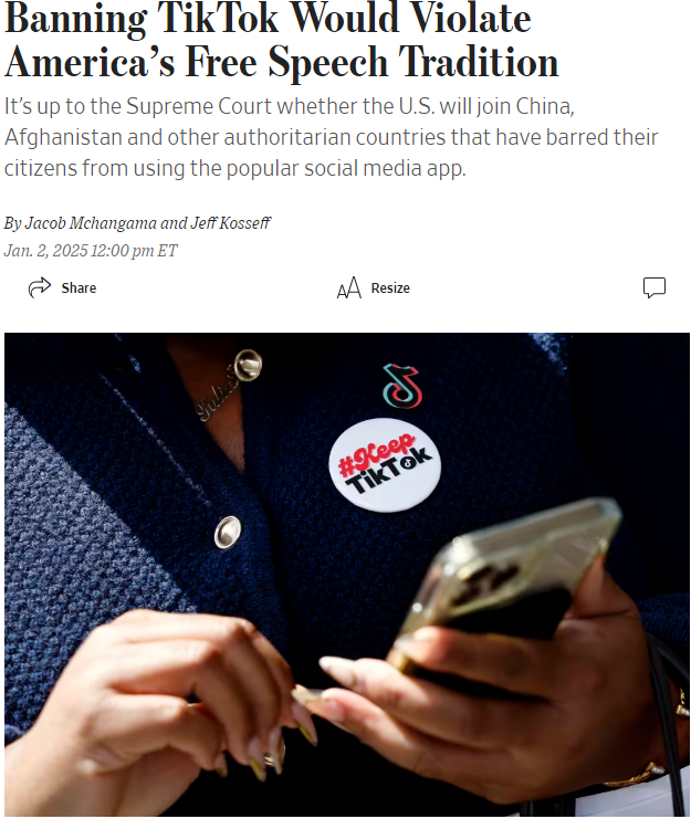 In <a href="/WSJ/">The Wall Street Journal</a> Jeff Kosseff and I argue that banning TikTok on vague national security concerns would seriously undermine American free speech exceptionalism. The repercussions would extend far beyond the thorny issue of TikTok.