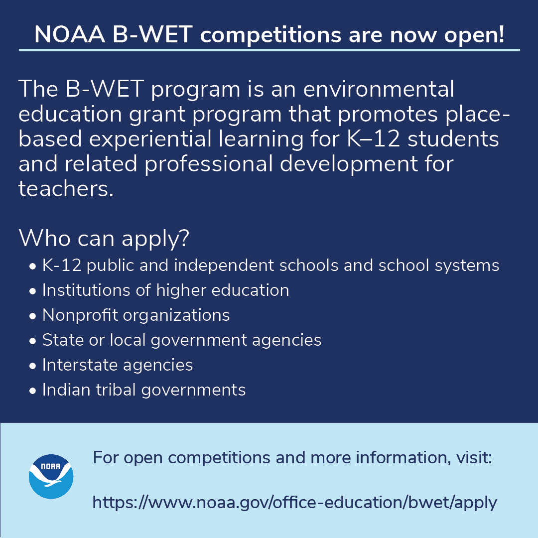 The Pacific Northwest B-WET competition is now open! This #grant supports environmental education projects for K-12 students and teachers in Oregon and Washington. #Apply by March 7. More info: noaa.gov/office-educati…  
#NOAABWET <a href="/sanctuaries/">Sanctuaries (NOAA)</a>