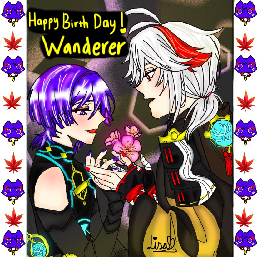 _Lisa_Fox's tweet image. Happy Birthday to Baby Wanderer ❤️🎉✨

(There is a short convo in the last pic — not my original idea, is AI)

Fun fact about me: I share the same birthday as him 🥰

#kazuscara #wanderer #KaedeharaKazuha #scaramouche #kazuha #Genshinfanart