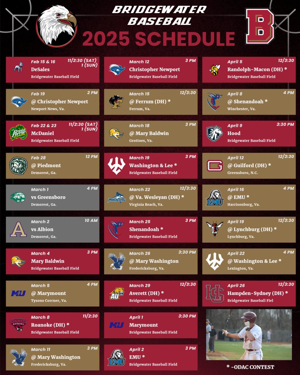 Bridgewater Eagles (@bcathletics) on Twitter photo Just seven weeks away from being back on the 💎
Head to the link below for the full <a href="/BwaterBaseball/">Bridgewater Baseball</a> Schedule
#BleedCrimson #GoForGold
🔗 tinyurl.com/2yxv5xat Just seven weeks away from being back on the 💎
Head to the link below for the full <a href="/BwaterBaseball/">Bridgewater Baseball</a> Schedule
#BleedCrimson #GoForGold
🔗 tinyurl.com/2yxv5xat