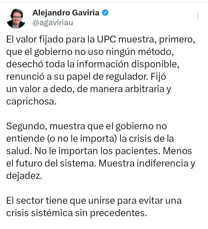 RobertoMTico's tweet photo. Tecnocorruptos como Alejandro Gaviria y las EPS están preocupados por el incremento de la UPC para seguir EXPROPIÁNDOLE esos recursos a la salud de los COL. El problema no es ese,el problema es LA INCONSISTENCIA contable de EPS y saber si se destinará a la salud o a sus bolsillos https://t.co/YKyTu9ohBL