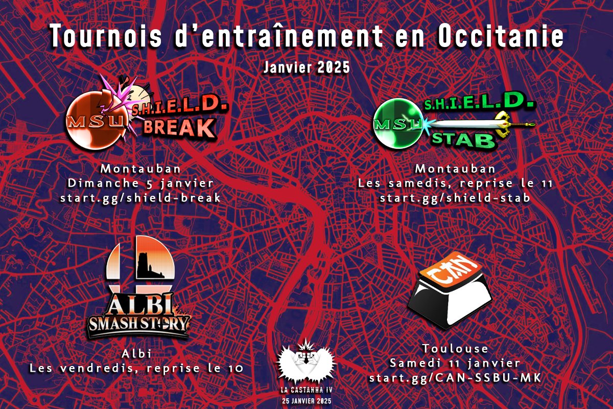 Toulouse Last Stock (@tls_laststock) on Twitter photo Faim de tournoi mais pas de weekly à Toulouse pour se préparer à la Castanha #4 ? Pas de problème, l'Occitanie a de quoi vous occuper👇
- Le SHIELD Break de <a href="/MSU_Smash/">Montauban Smash Universe</a>
- Les Albi Story de <a href="/SAlbigeois/">Albi Smash Story</a>
- Les SHIELD Stab de <a href="/MSU_Smash/">Montauban Smash Universe</a>
- Le tournoi de <a href="/ctrlaltnoodle/">ctrlaltnoodle</a>
Plus d'infos ⬇️ Faim de tournoi mais pas de weekly à Toulouse pour se préparer à la Castanha #4 ? Pas de problème, l'Occitanie a de quoi vous occuper👇
- Le SHIELD Break de <a href="/MSU_Smash/">Montauban Smash Universe</a>
- Les Albi Story de <a href="/SAlbigeois/">Albi Smash Story</a>
- Les SHIELD Stab de <a href="/MSU_Smash/">Montauban Smash Universe</a>
- Le tournoi de <a href="/ctrlaltnoodle/">ctrlaltnoodle</a>
Plus d'infos ⬇️
