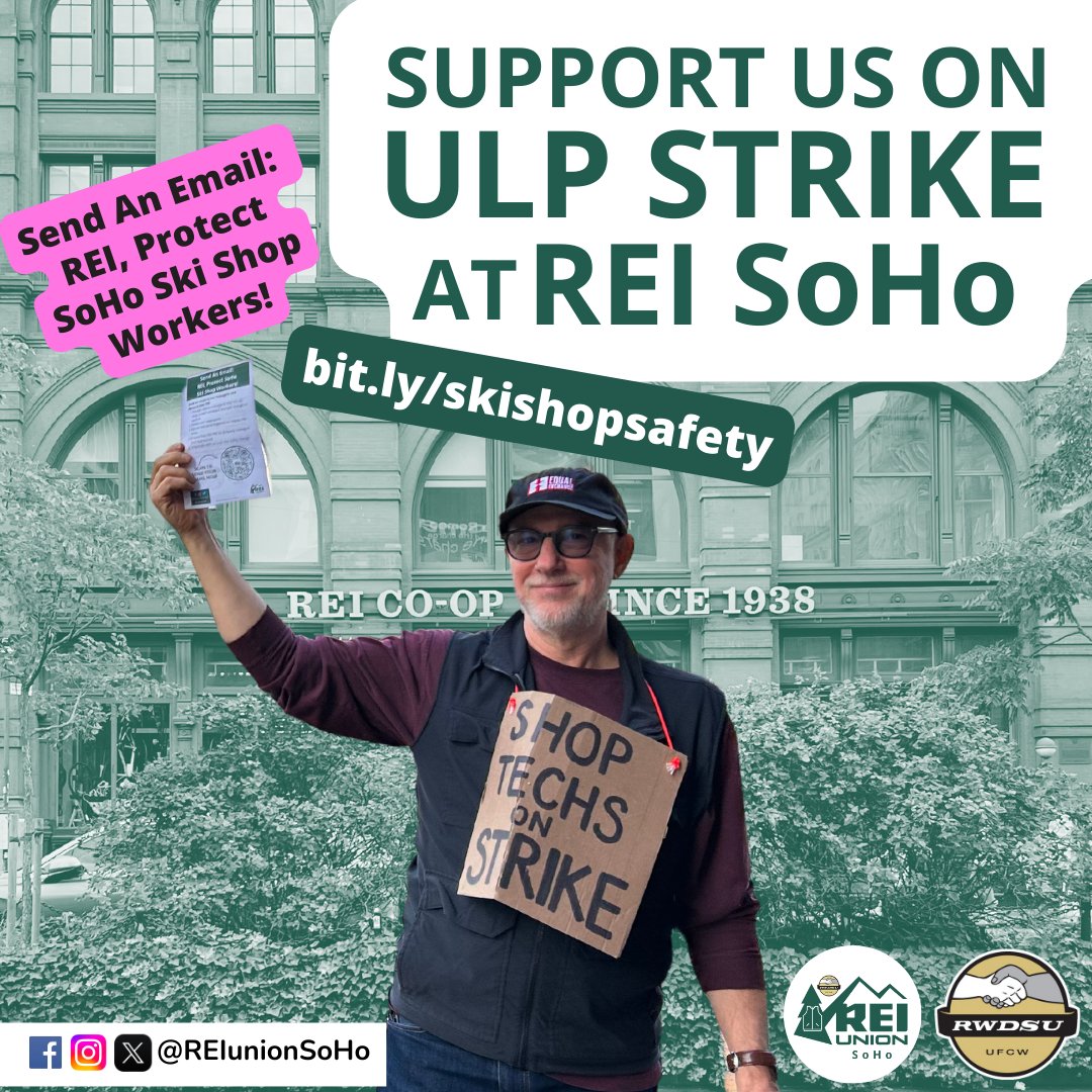 REI SoHo ski shop techs have been on ULP strike for 30 days! Visit bit.ly/skishopsafety and call on REI to:
⛷️Provide referenced reports that the ski shop is well-ventilated and safe enough to work in
⛷️Return our respirators
⛷️Get an industrial hygienist to inspect the shop