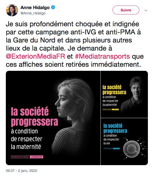 02/01/2019 🏳️‍🌈 #AnneHidalgo, Maire de Paris, demande à <a href="/ExterionMediaFR/">Giraudy</a> et #Mediatransports le retrait d’affiches anti #PMAPourToutes et anti #IVG au sein de la capitale.