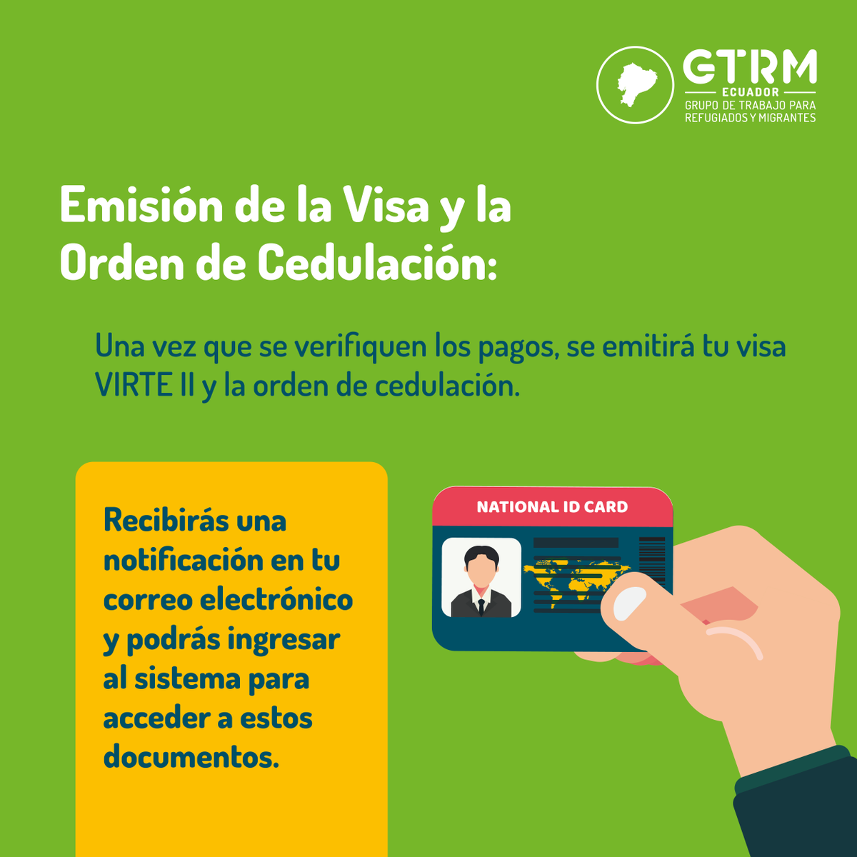 OIMEcuador's tweet photo. Si renovaste tu Certificado de Permanencia Migratoria, el siguiente paso para terminar tu proceso es solicitar tu visa #VIRTEII y tu orden de cedulación.
Recuerda que tienes hasta el 27 de abril de 2025 para obtener tu VIRTE II.
#TerminaTuProceso