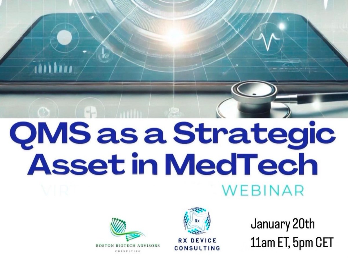 BostonBiotech's tweet image. 🚀 Join us January 20th for an exclusive webinar, #QMS as a Strategic Asset in MedTech, co-hosted with Rx Device Consulting. Stay tuned for registration details and discover how to leverage Quality Management Systems to drive #innovation and success in #MedTech! 📅