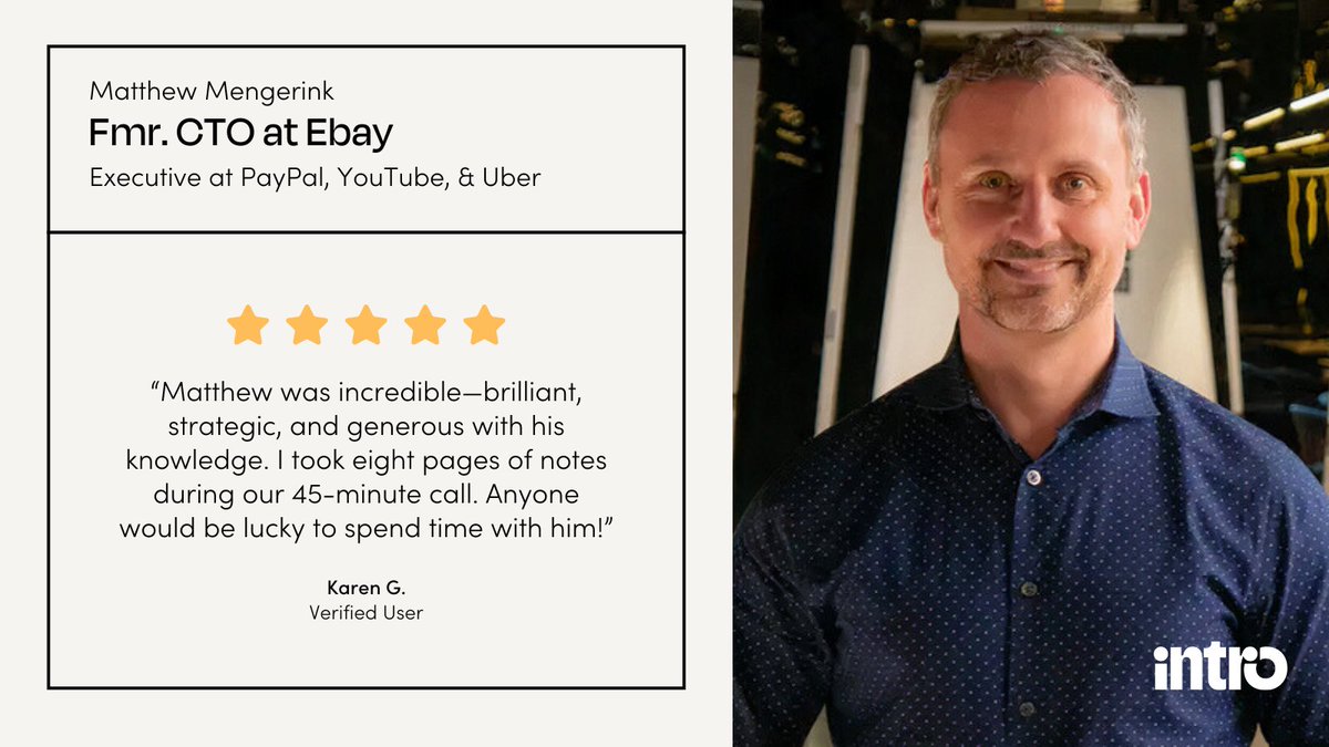 In a recent @useintro session, I shared insights on scaling platforms and building innovative tech solutions. The founder walked away with a clear strategy and actionable steps to move forward.

Book time today: intro.co/matthewmengeri…