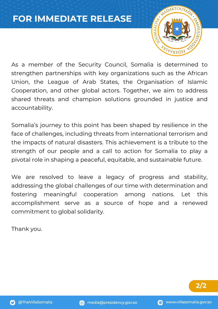 TheVillaSomalia's tweet photo. Presidential Statement: Somalia’s UNSC Membership marks a new Chapter in Global Leadership and Peacebuilding https://t.co/wQolWxkgx6