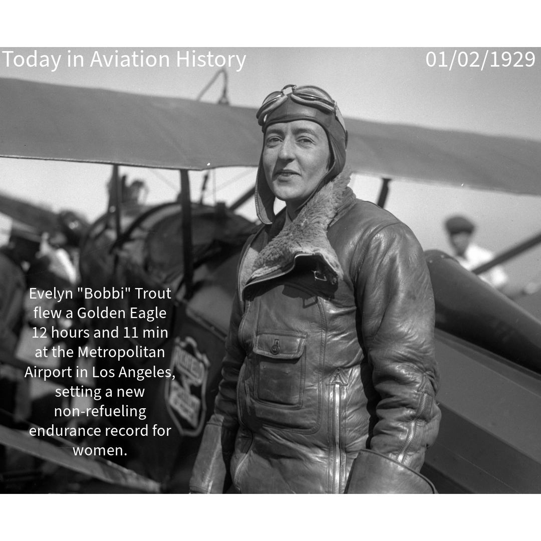 PeterVidev's tweet photo. 🚀 Meet Evelyn 'Bobbi' Trout, the fearless pilot who flew a Golden Eagle for 12 hours and 11 minutes, setting a new endurance record for women without refueling!

#aviationhistory #womeninpiloting #endurancerecord https://t.co/mGdz2kqivC