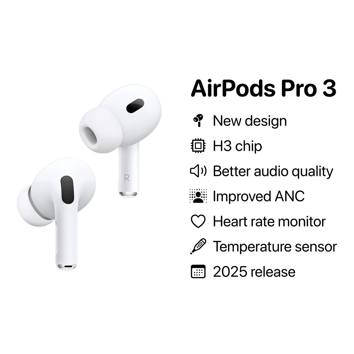 TheAshishBharti's tweet photo. AirPods Pro 3 Rumoured 🎧
•Sleek new design
•Powered by the H3 chip
•Expected better audio & ANC
•Heart rate & temperature monitoring
Expected launch 2025
#Apple #AirPodsPro3 #AirpodsPro2
#iOS18 #AppleBugs #ios182 #iOS1811 #macmini #iPadOS18 #iPhone #ipadpro https://t.co/TDcGo6hFlD
