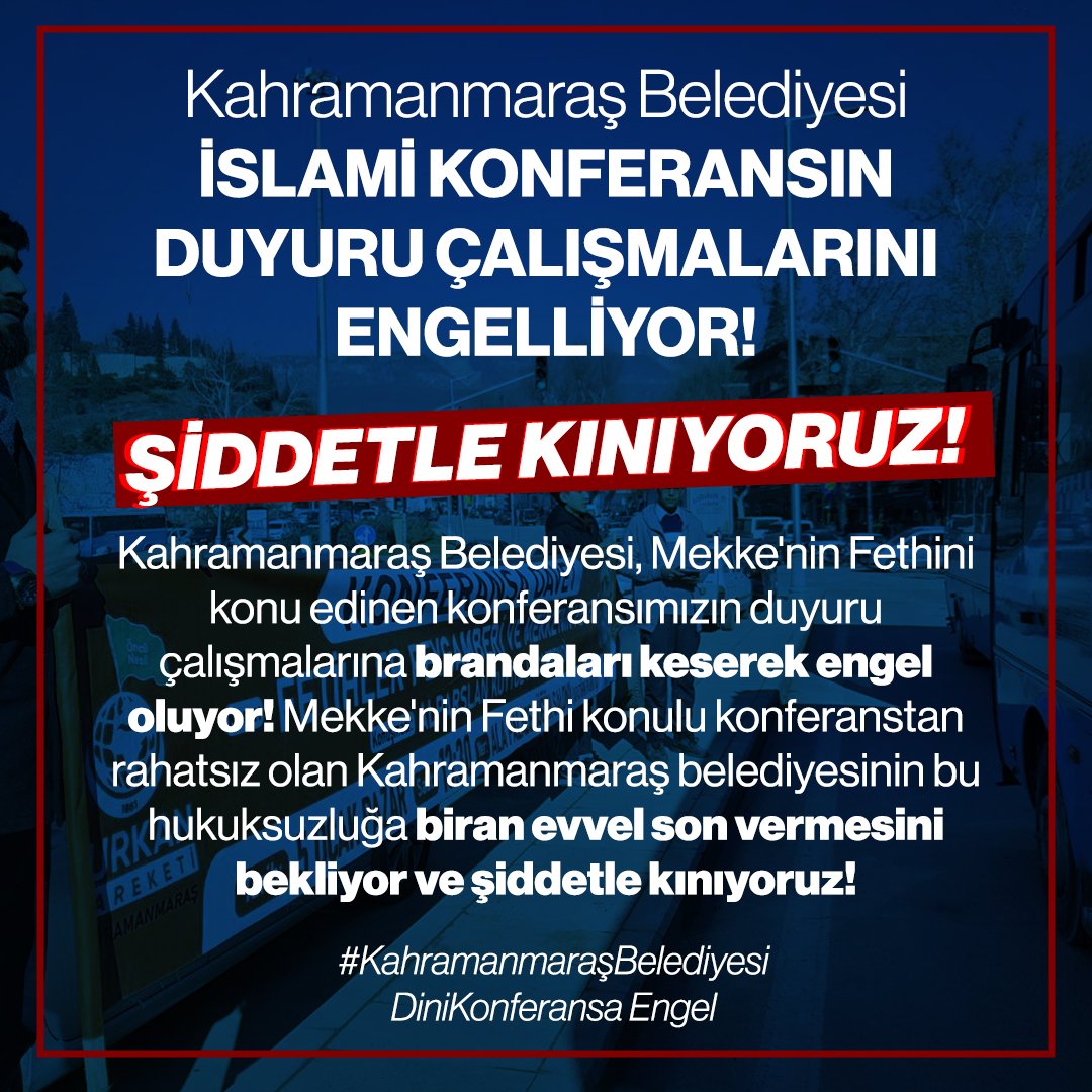 AKP'Lİ KAHRAMANMARAŞ BÜYÜKŞEHİR BELEDİYESİ İSLAMİ KONFERANSIN DUYURU ÇALIŞMALARINI ENGELLİYOR!

ŞİDDETLE KINIYORUZ ‼️

#MaraşBelediyesi
DiniKonferansa Engel