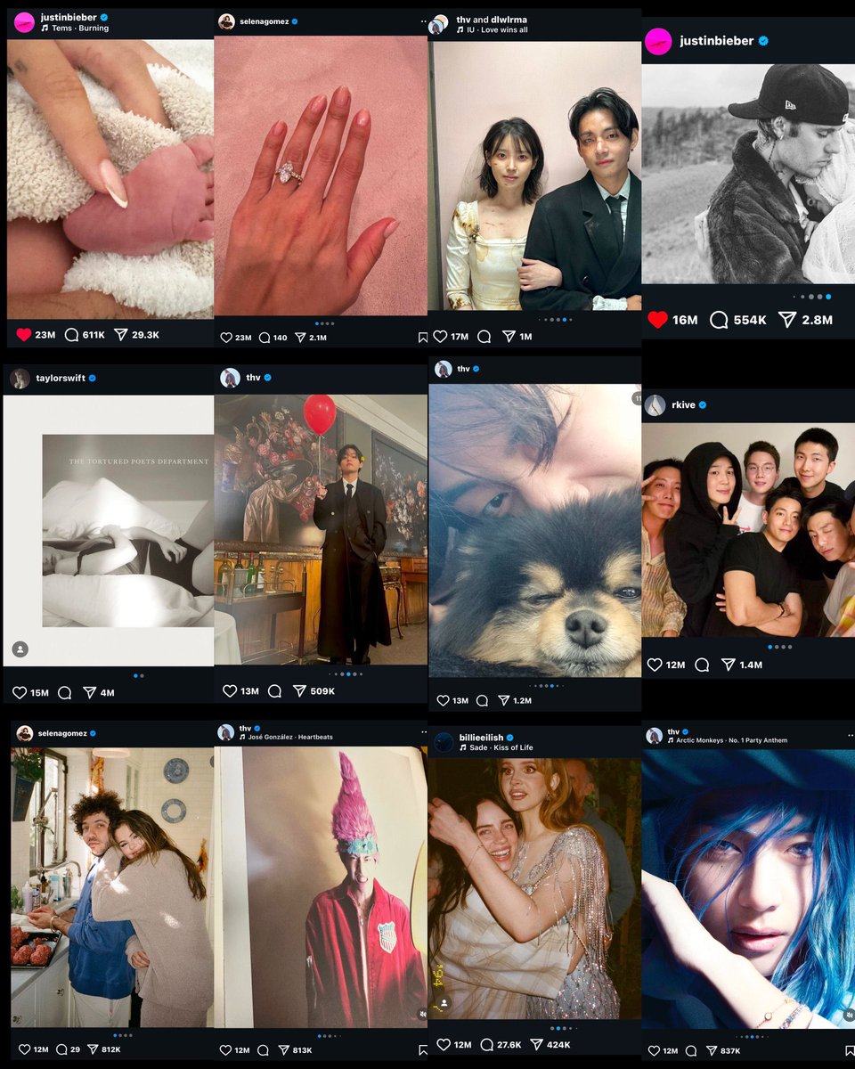 BTSVSpain's tweet photo. V estando en hiatus fue el cantante más popular en Instagram durante el 2024 ya que acumuló la mayor cantidad de publicaciones superando los 10 MILLONES de me gusta en la app!
#1 Justin Bieber
#2 Selena Gomez
#3 V y IU ❣️
#4 Justin Bieber
#5 Taylor Swift
#6 V❣️
#7 V❣️
#8 RM
#9 Selena Gomez
#10 V❣️
#11 Billie Eilish
#12 V❣️
#BTSV #V #Taehyung